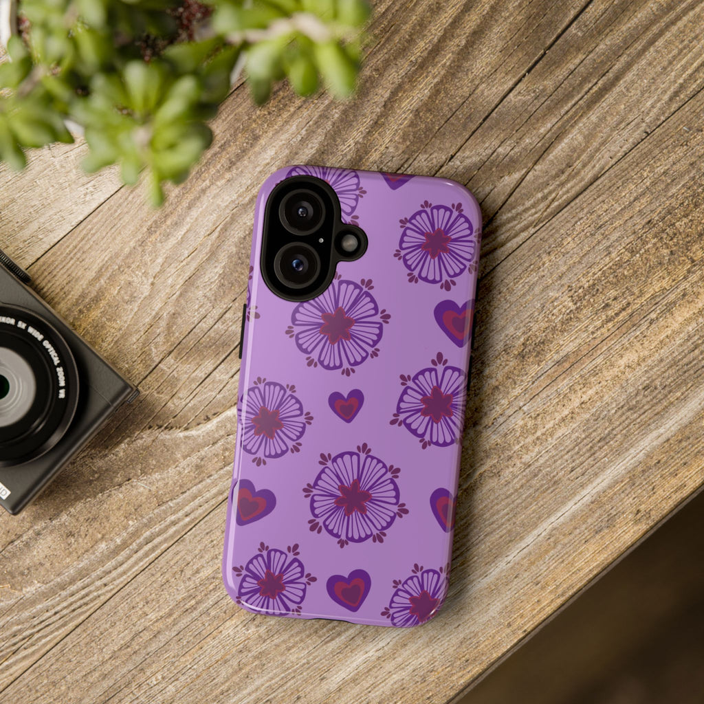 Phone Case - Purple Floral Hearts Protective Tough Case