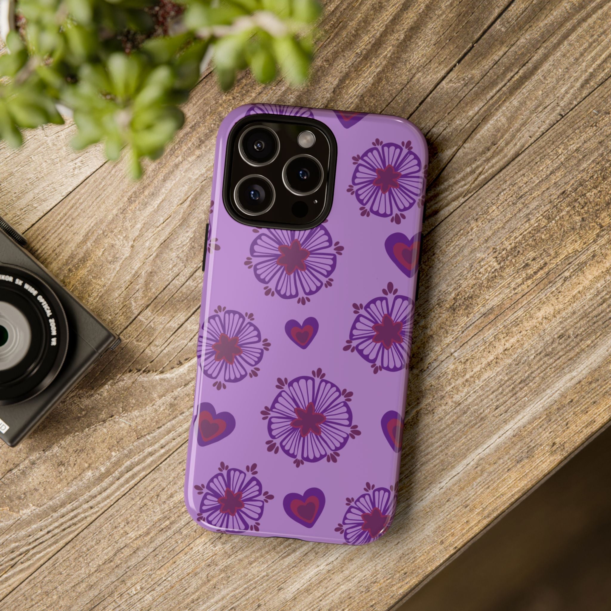Phone Case - Purple Floral Hearts Protective Tough Case
