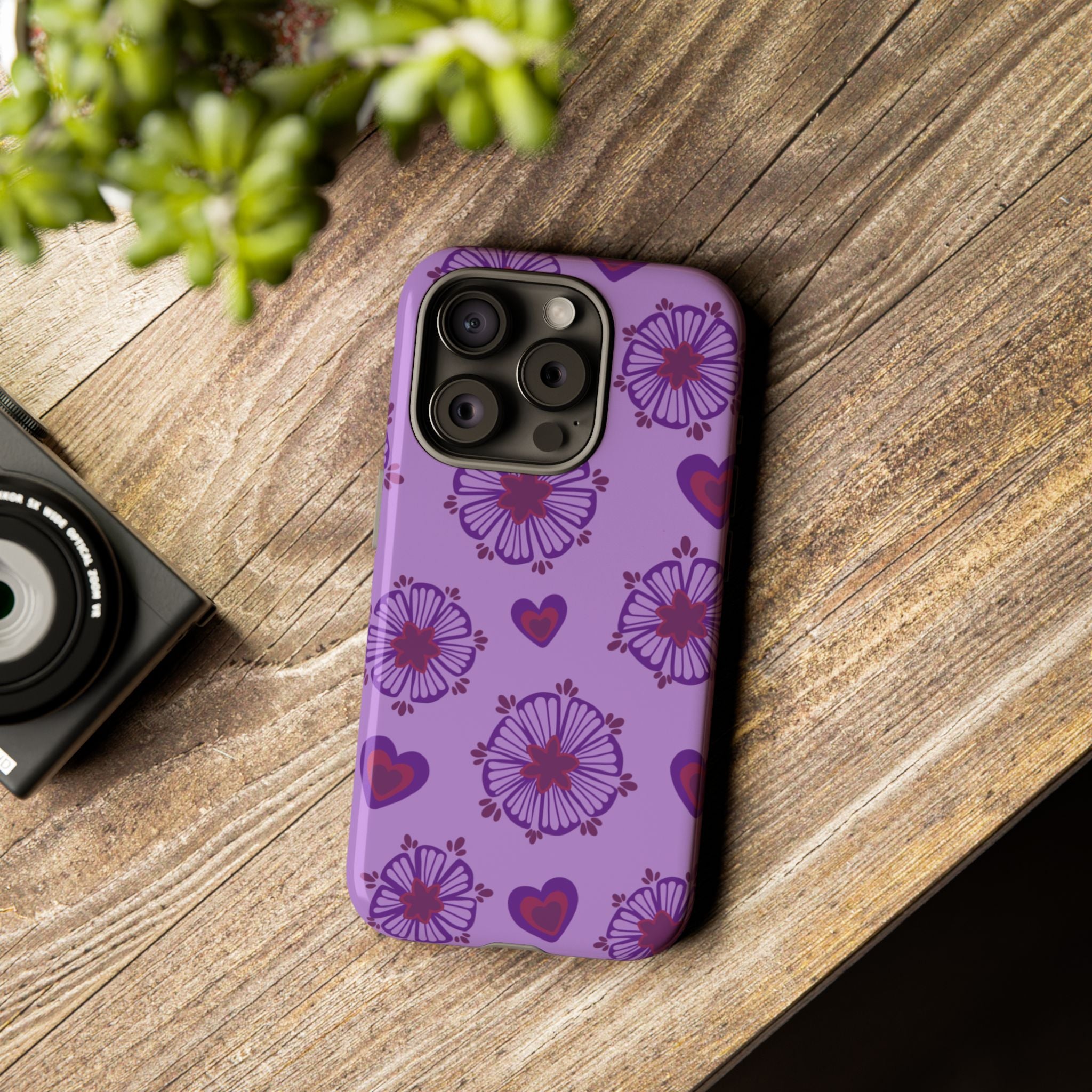 Phone Case - Purple Floral Hearts Protective Tough Case