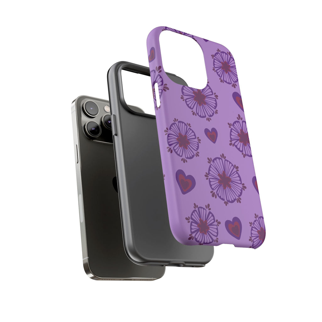 Phone Case - Purple Floral Hearts Protective Tough Case