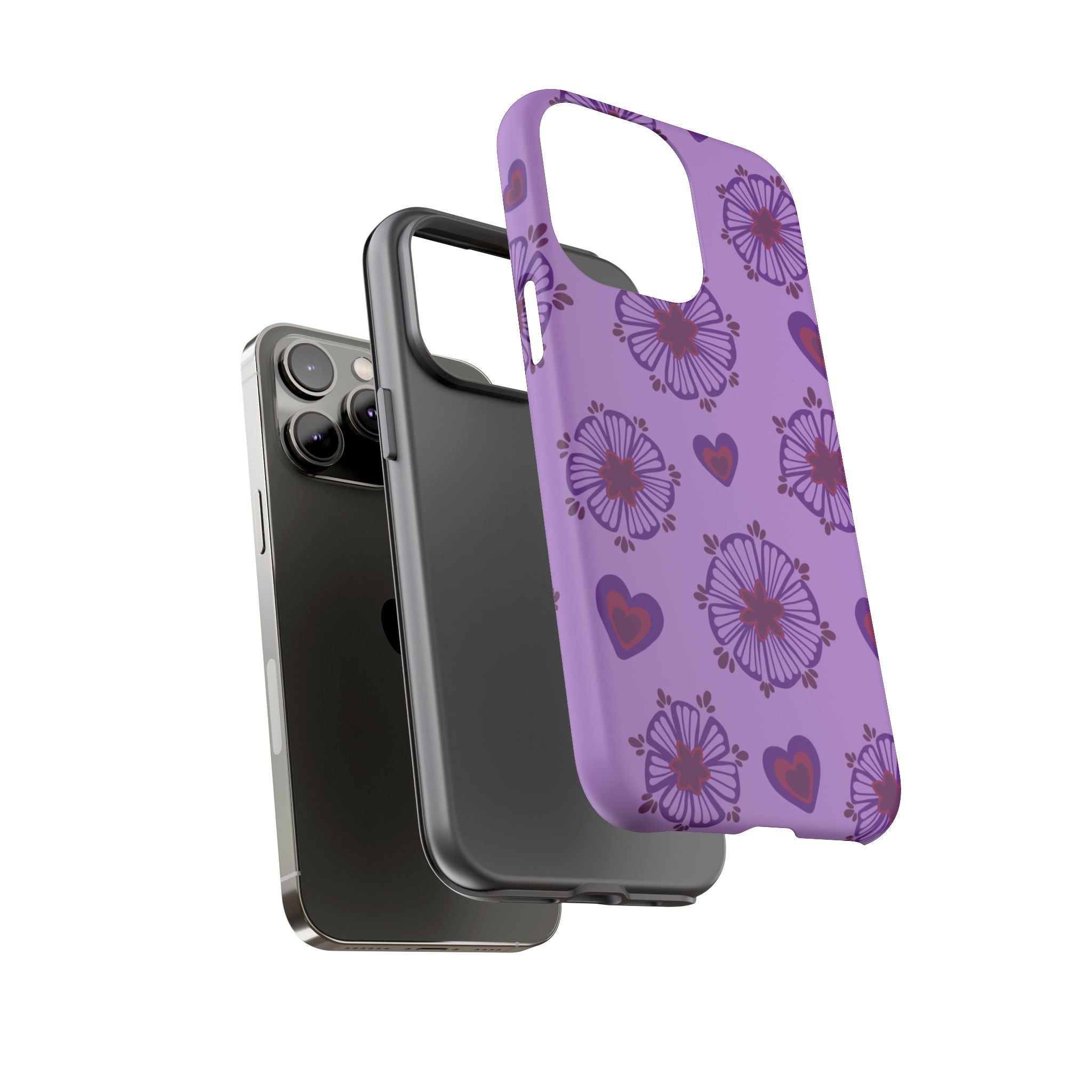 Phone Case - Purple Floral Hearts Protective Tough Case