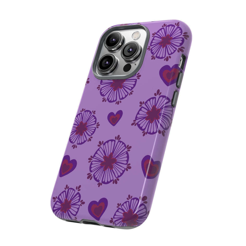 Phone Case - Purple Floral Hearts Protective Tough Case
