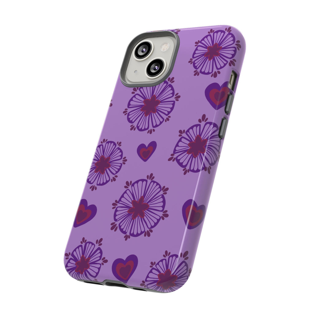 Phone Case - Purple Floral Hearts Protective Tough Case