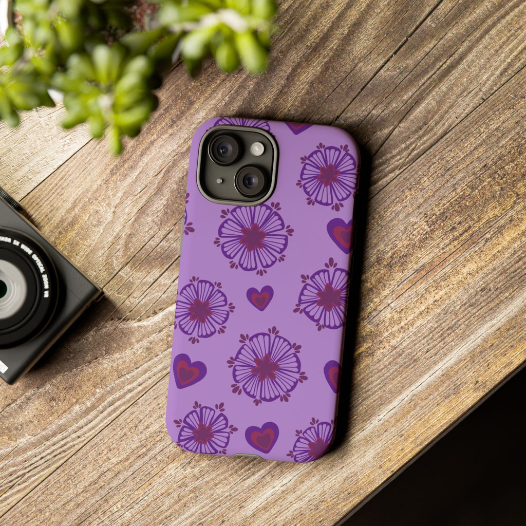 Phone Case - Purple Floral Hearts Protective Tough Case