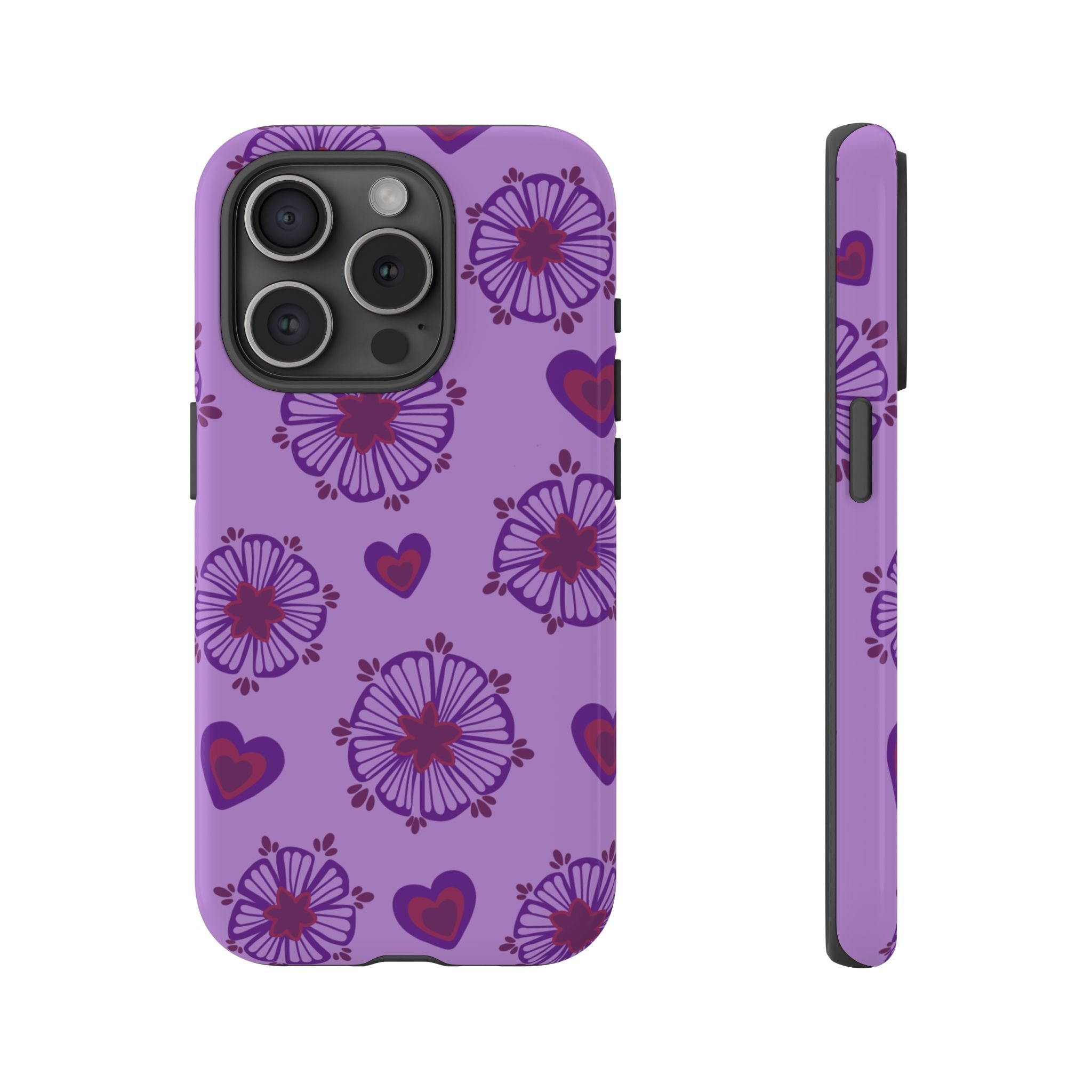 Phone Case - Purple Floral Hearts Protective Tough Case