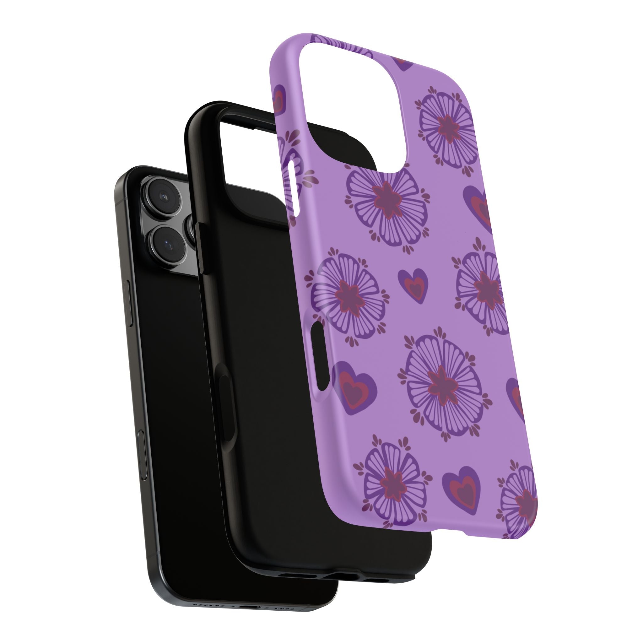 Phone Case - Purple Floral Hearts Protective Tough Case
