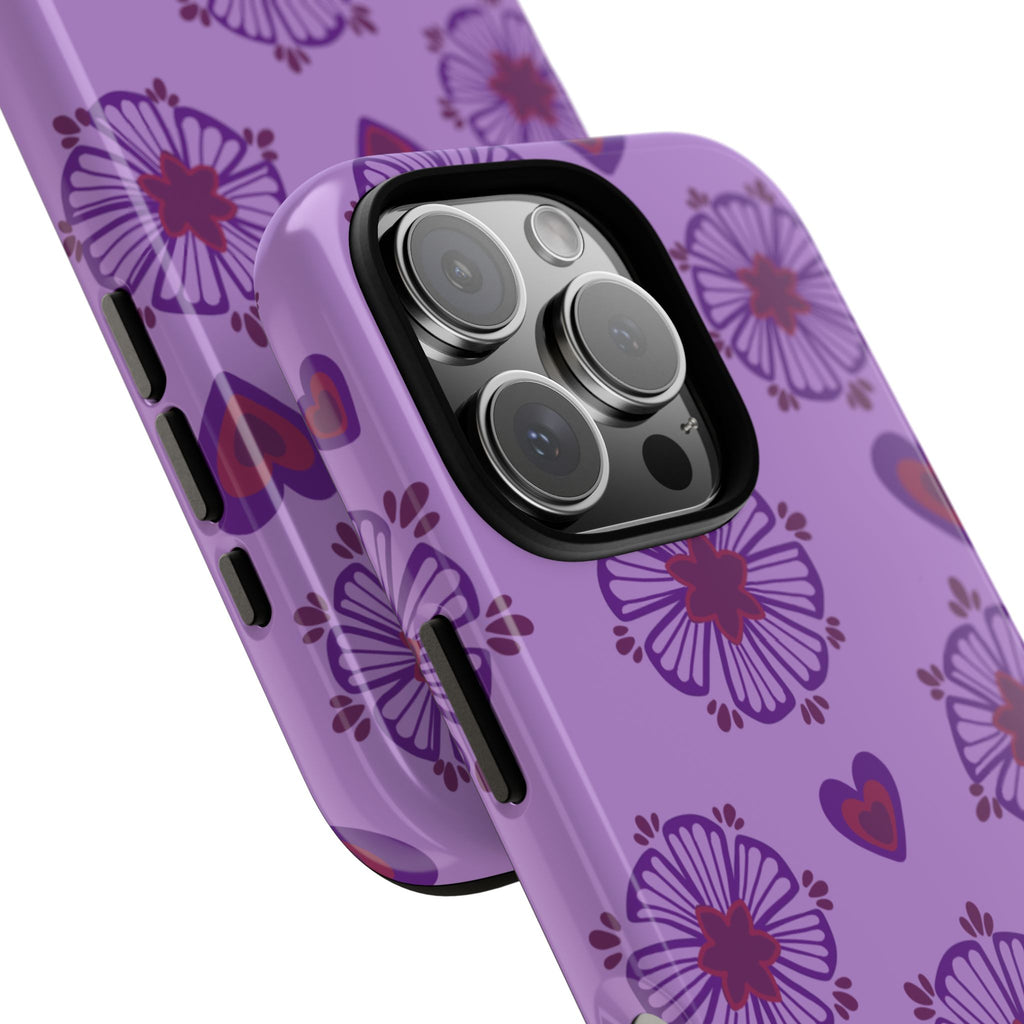 Phone Case - Purple Floral Hearts Protective Tough Case