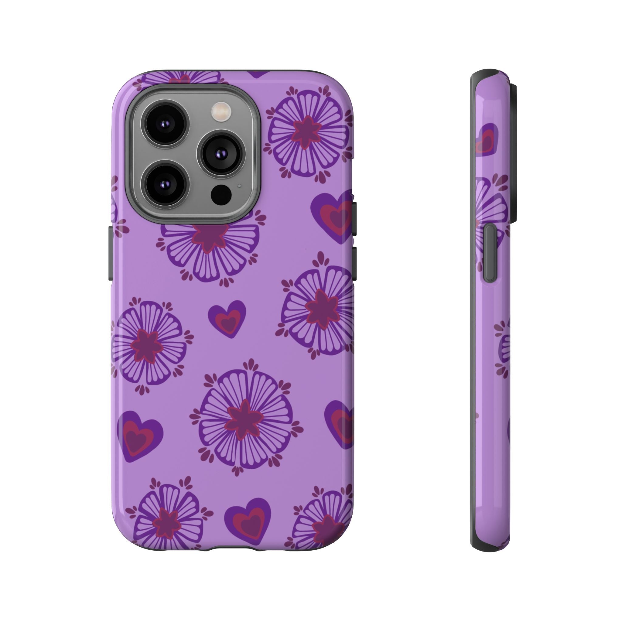 Phone Case - Purple Floral Hearts Protective Tough Case