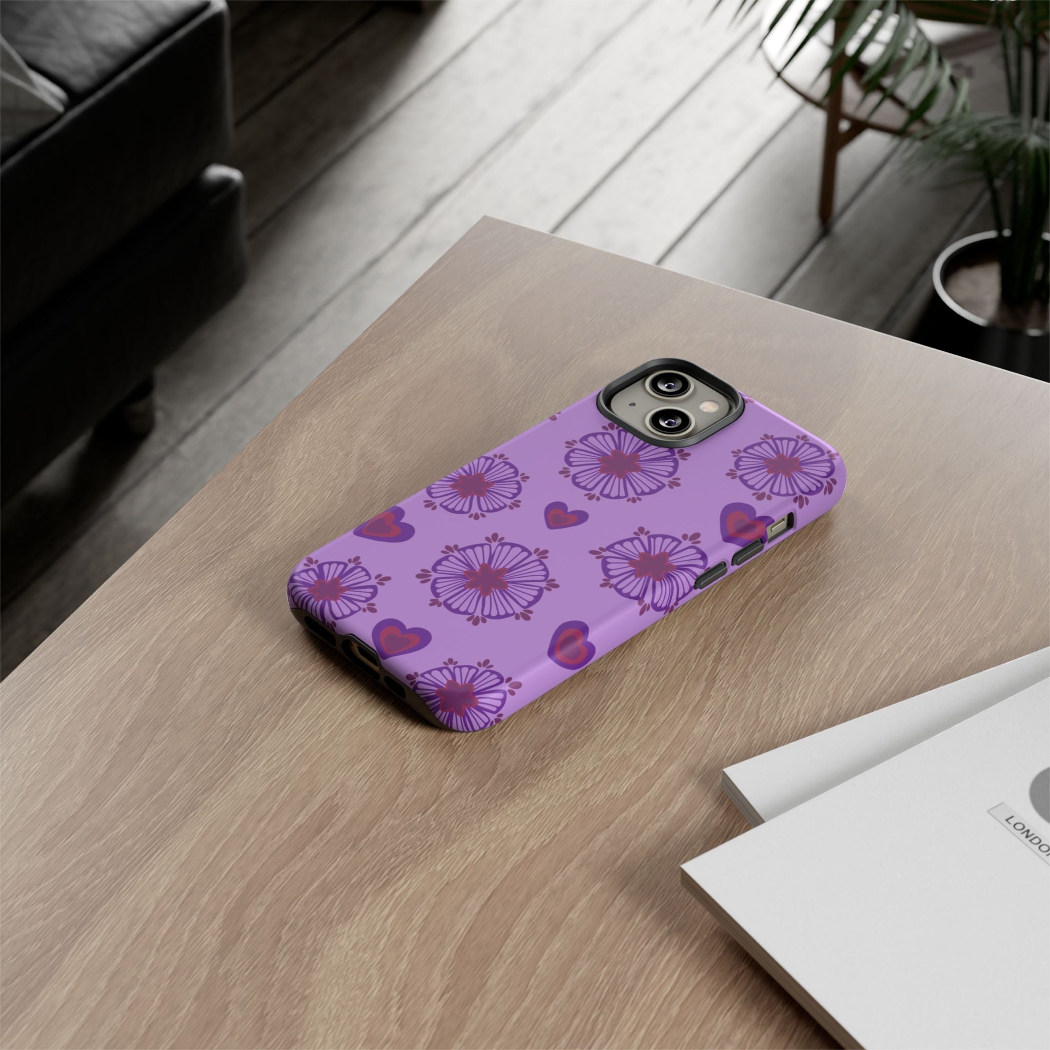 Phone Case - Purple Floral Hearts Protective Tough Case