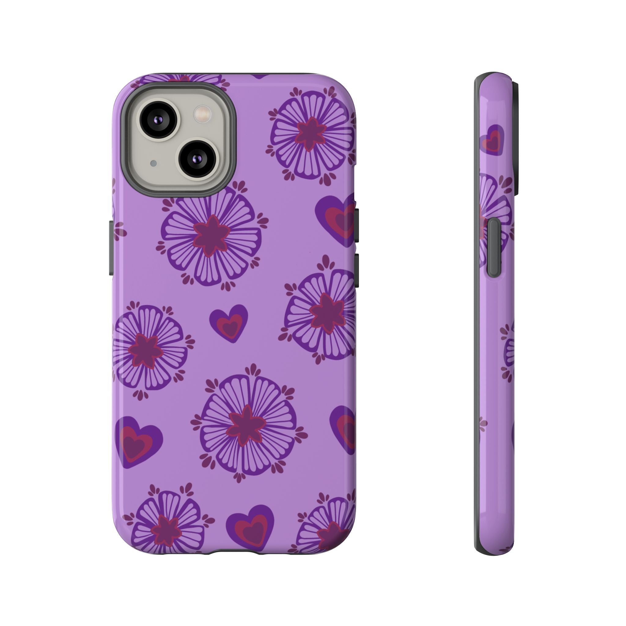 Phone Case - Purple Floral Hearts Protective Tough Case