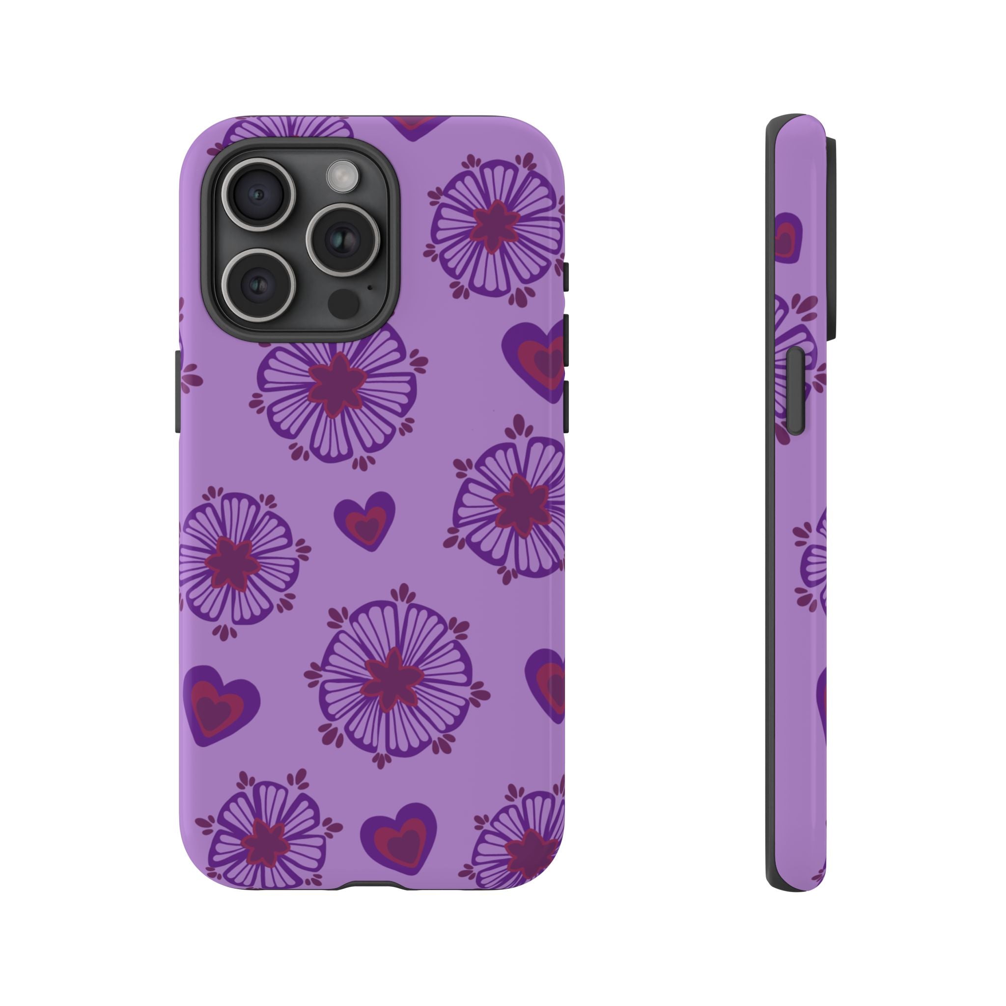 Phone Case - Purple Floral Hearts Protective Tough Case