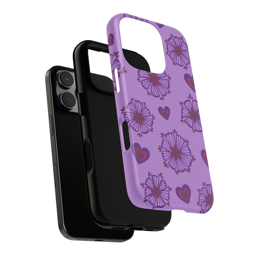 Phone Case - Purple Floral Hearts Protective Tough Case