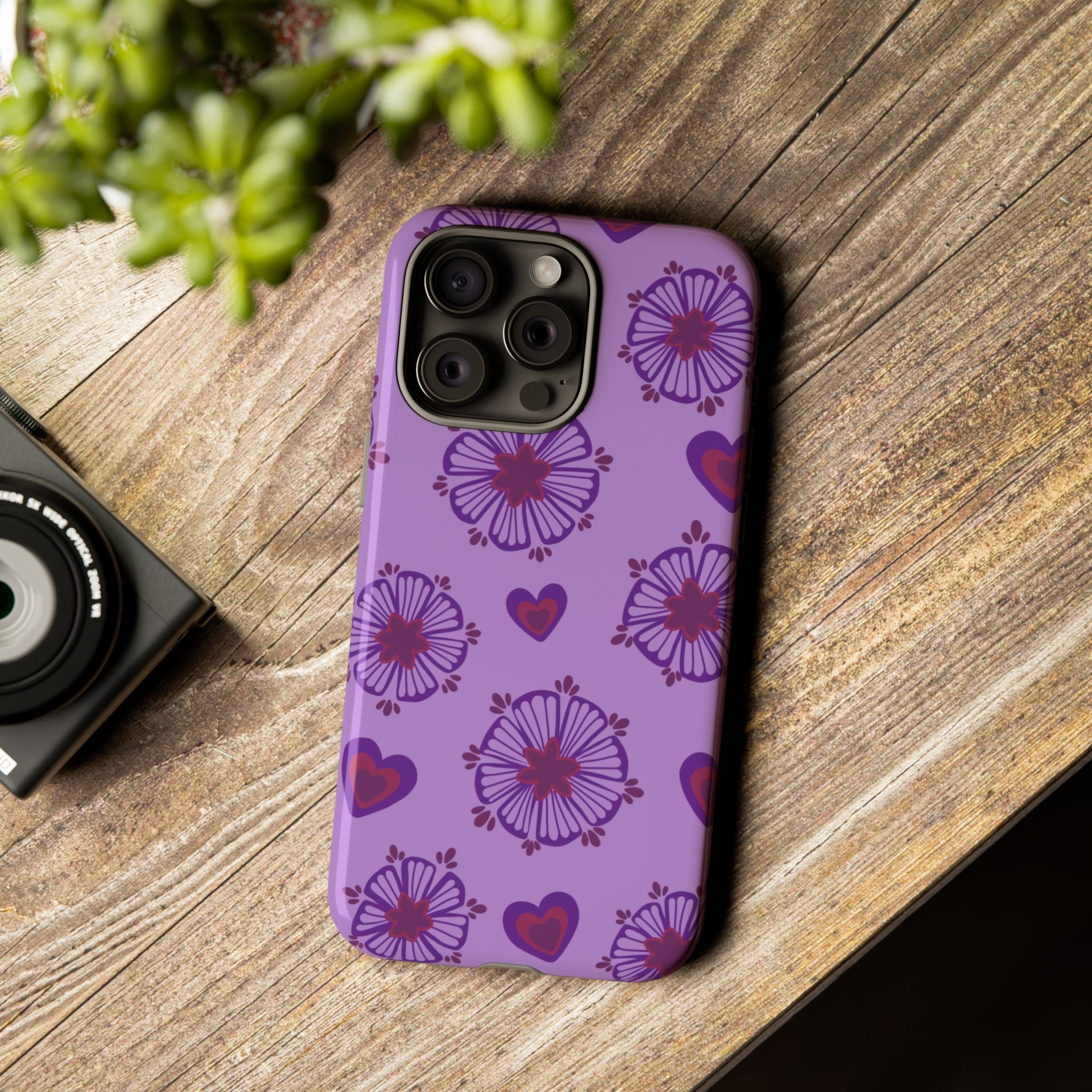 Phone Case - Purple Floral Hearts Protective Tough Case