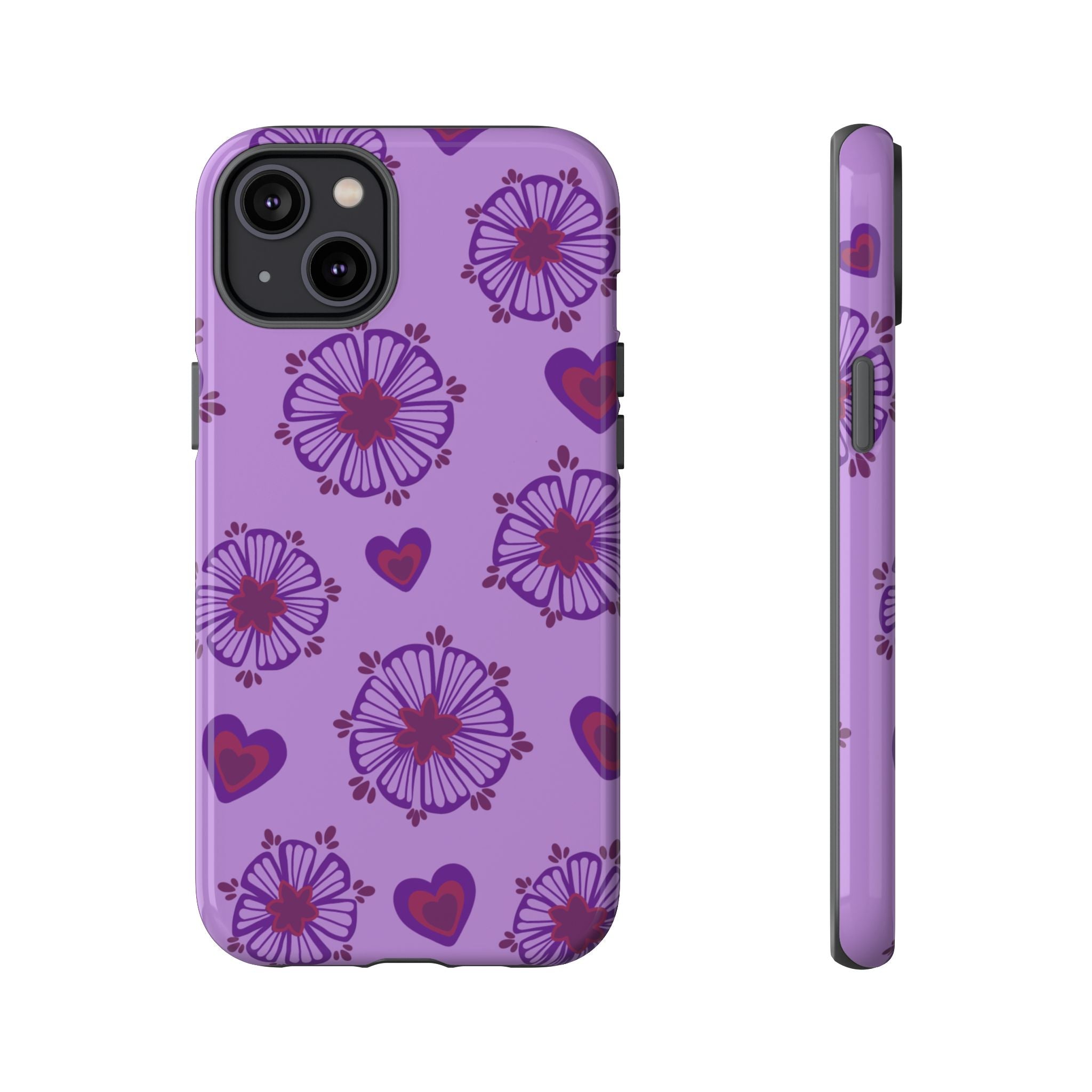 Phone Case - Purple Floral Hearts Protective Tough Case