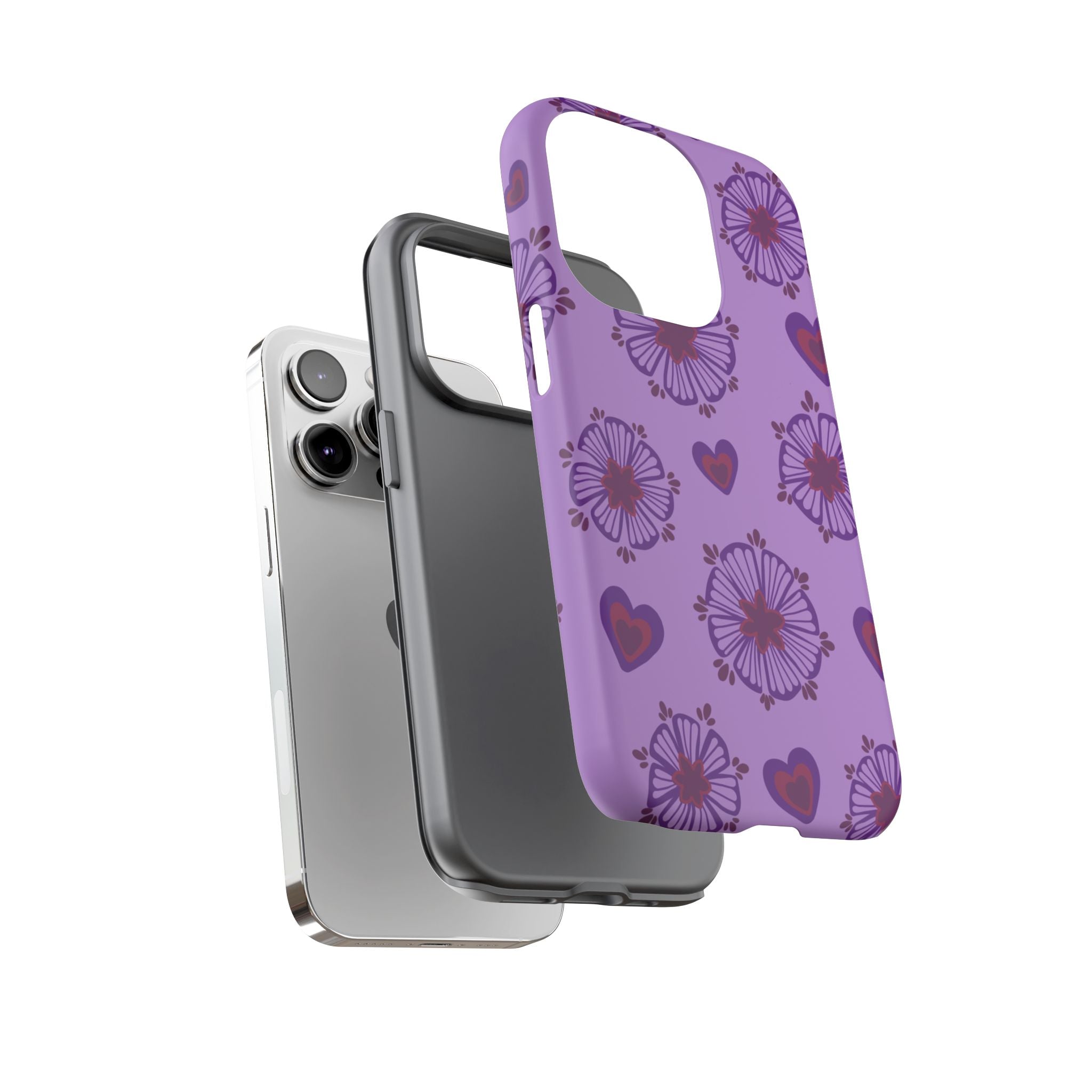 Phone Case - Purple Floral Hearts Protective Tough Case