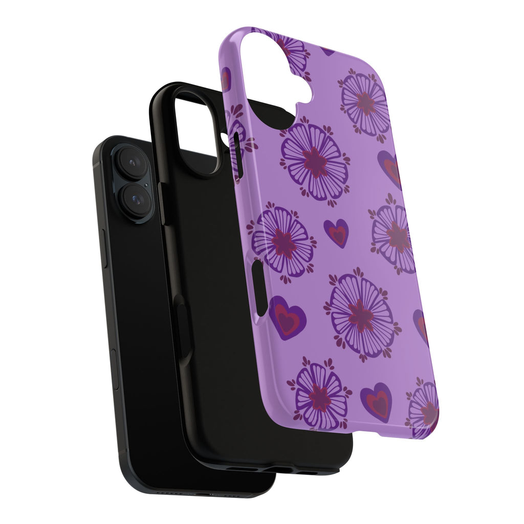 Phone Case - Purple Floral Hearts Protective Tough Case