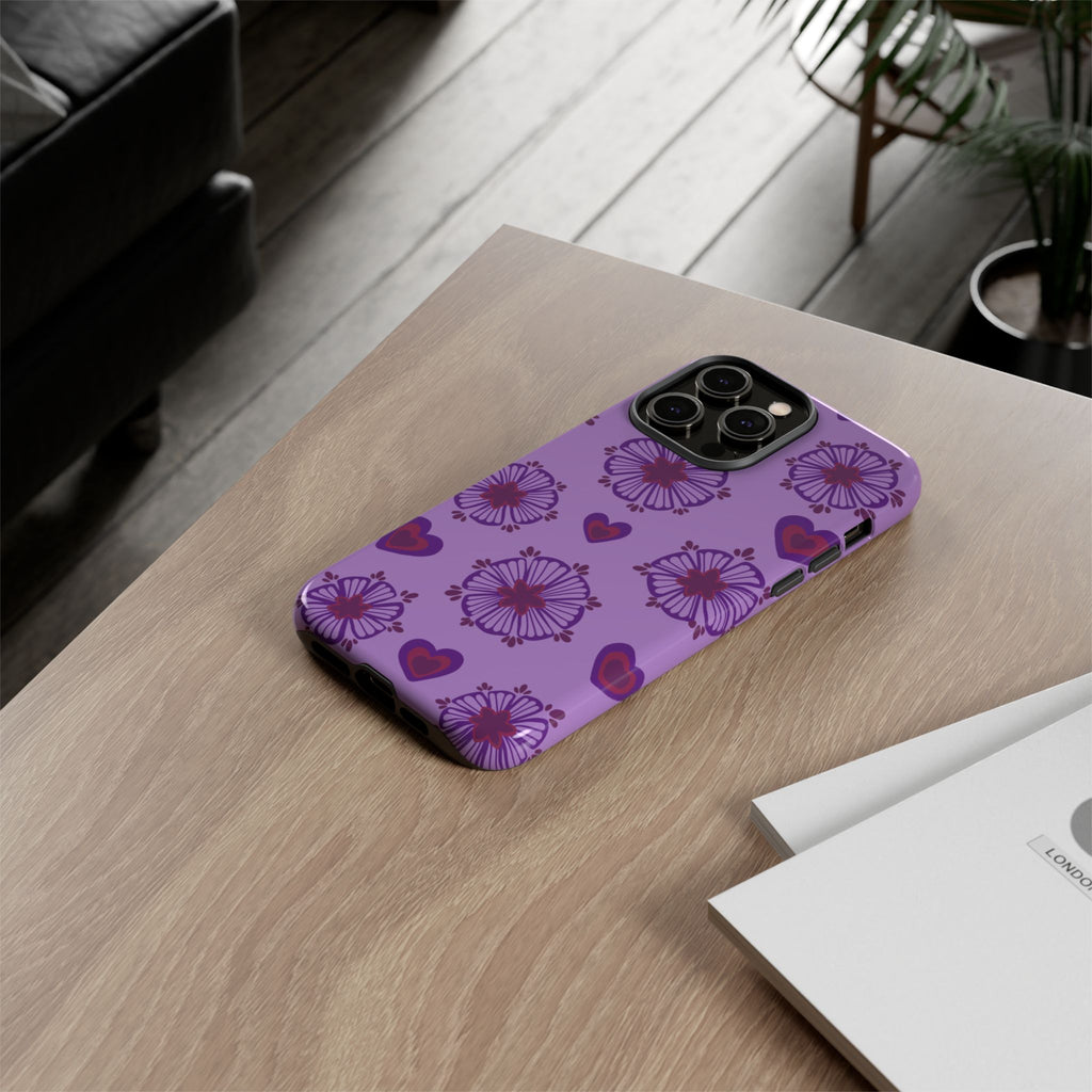 Phone Case - Purple Floral Hearts Protective Tough Case