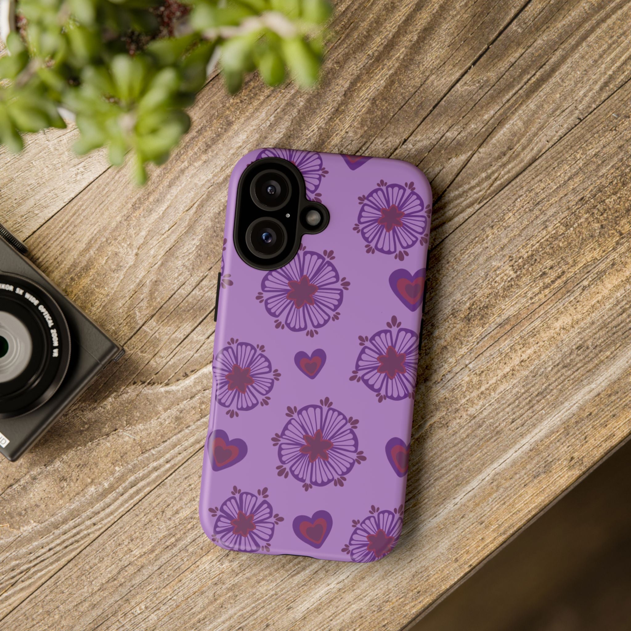 Phone Case - Purple Floral Hearts Protective Tough Case