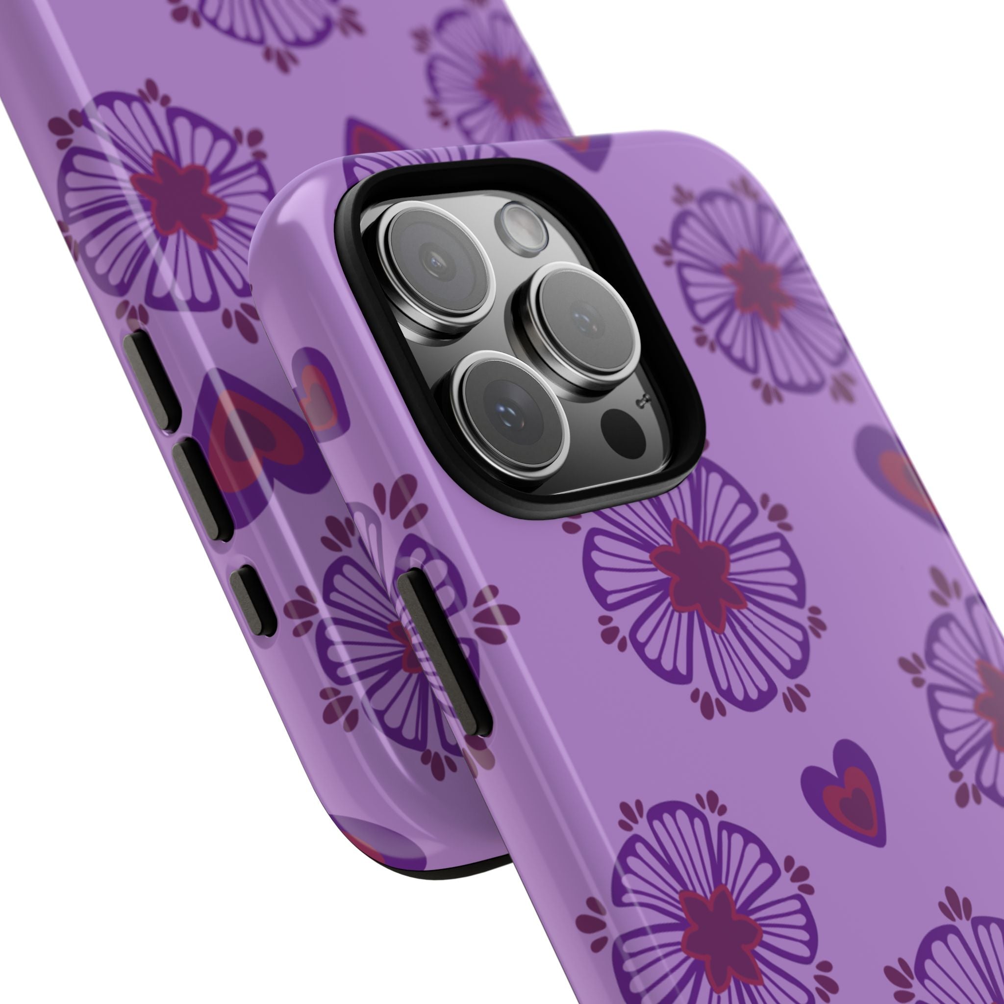 Phone Case - Purple Floral Hearts Protective Tough Case