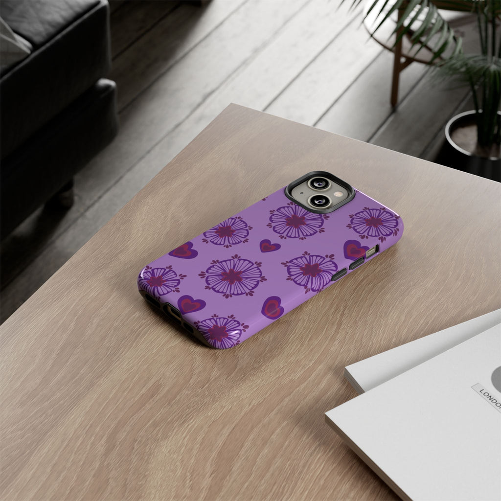 Phone Case - Purple Floral Hearts Protective Tough Case