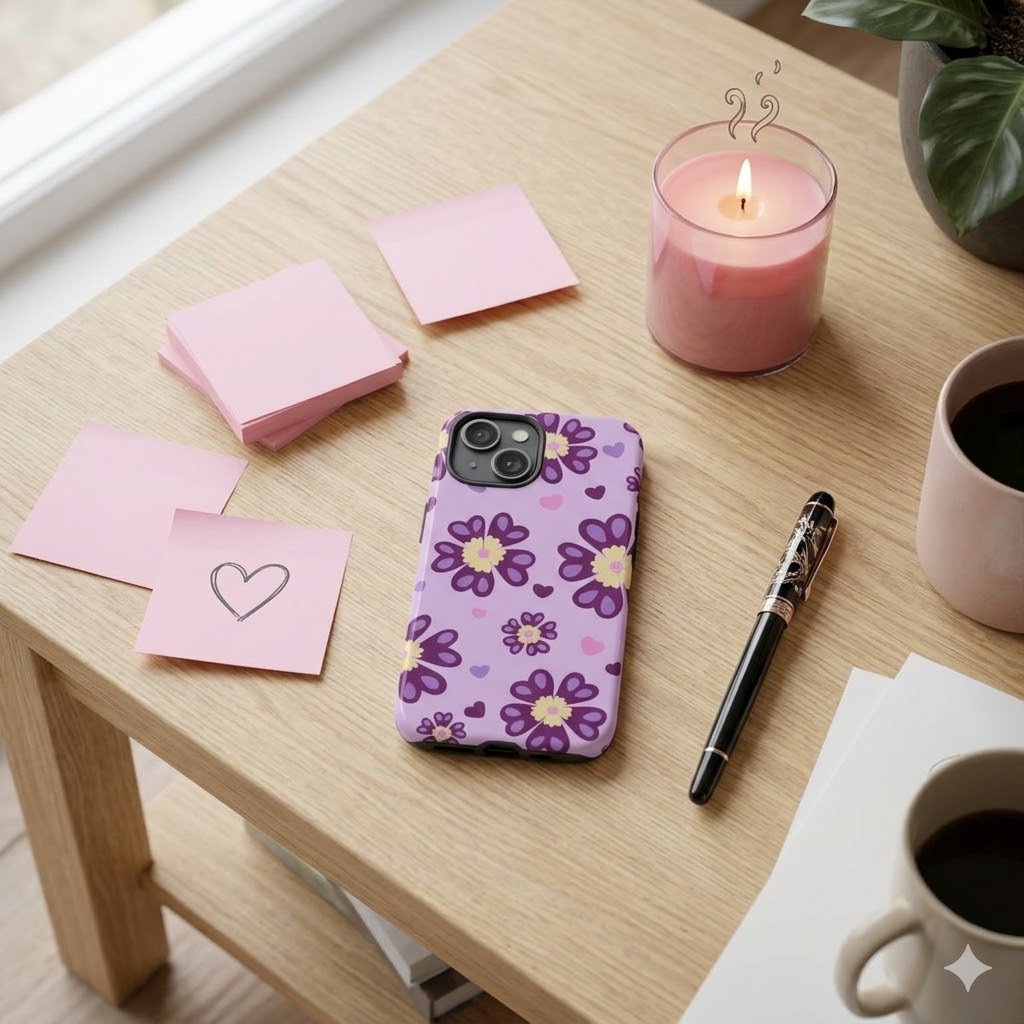 Purple Floral Heart Tough Phone Case — Cute Daisy Pattern Protective Cover