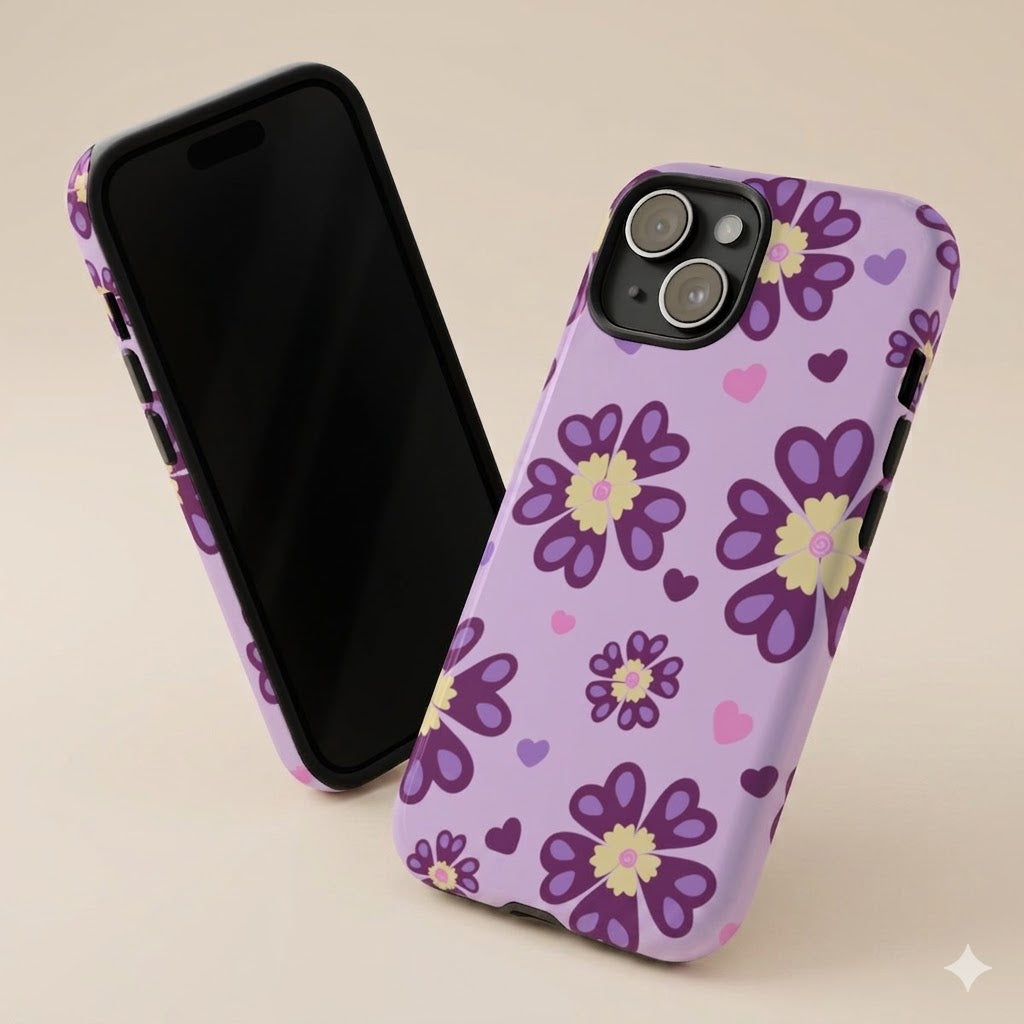 Purple Floral Heart Tough Phone Case — Cute Daisy Pattern Protective Cover