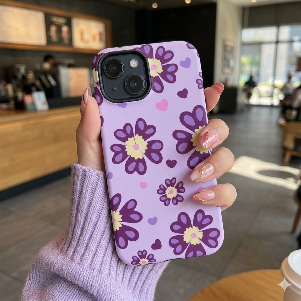 Purple Floral Heart Tough Phone Case — Cute Daisy Pattern Protective Cover