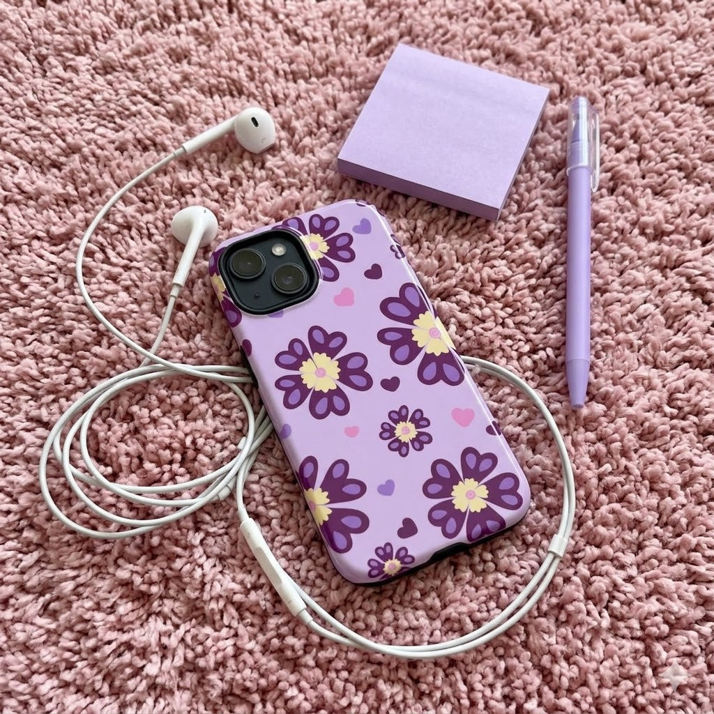 Purple Floral Heart Tough Phone Case — Cute Daisy Pattern Protective Cover