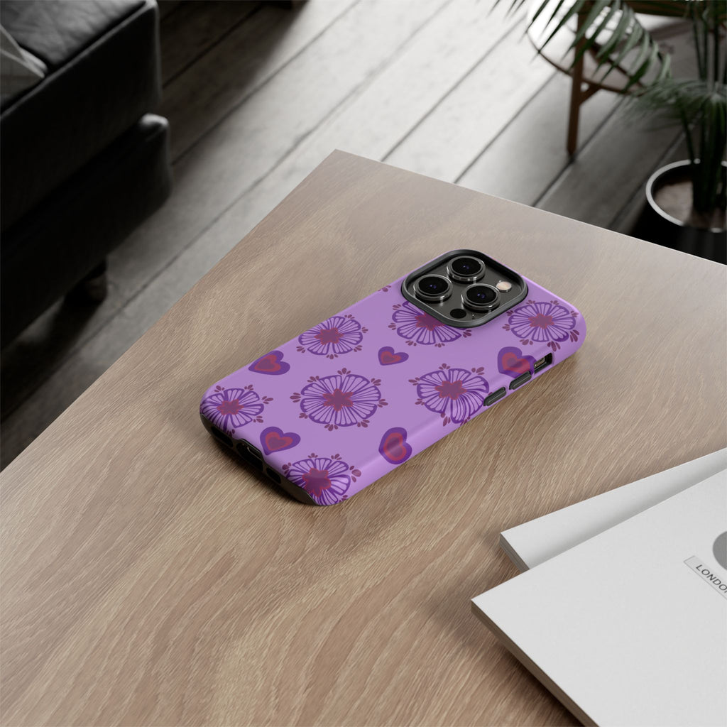 Phone Case - Purple Floral Hearts Protective Tough Case