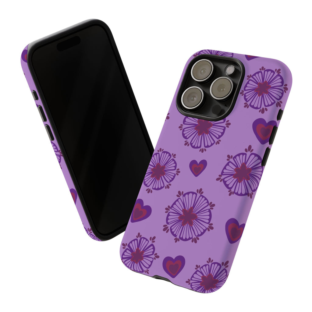 Phone Case - Purple Floral Hearts Protective Tough Case