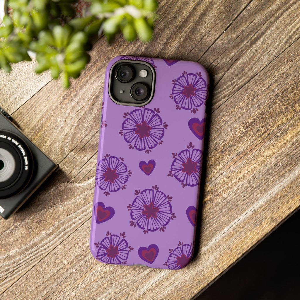 Phone Case - Purple Floral Hearts Protective Tough Case