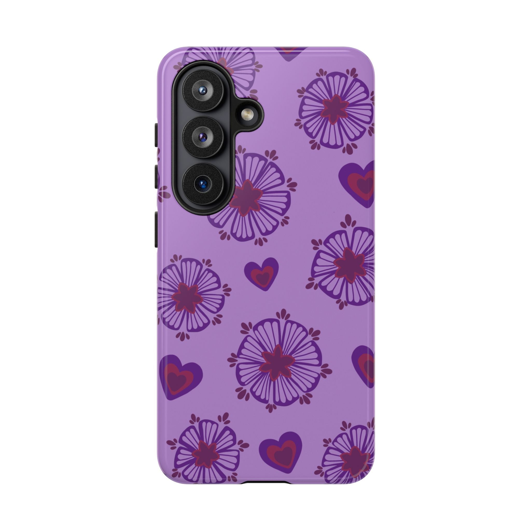 Phone Case - Purple Floral Hearts Protective Tough Case