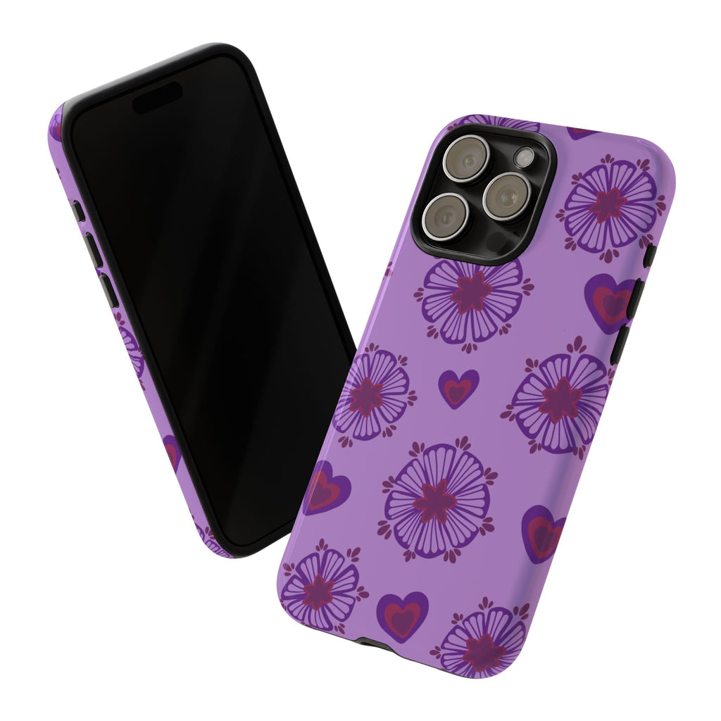 Phone Case - Purple Floral Hearts Protective Tough Case