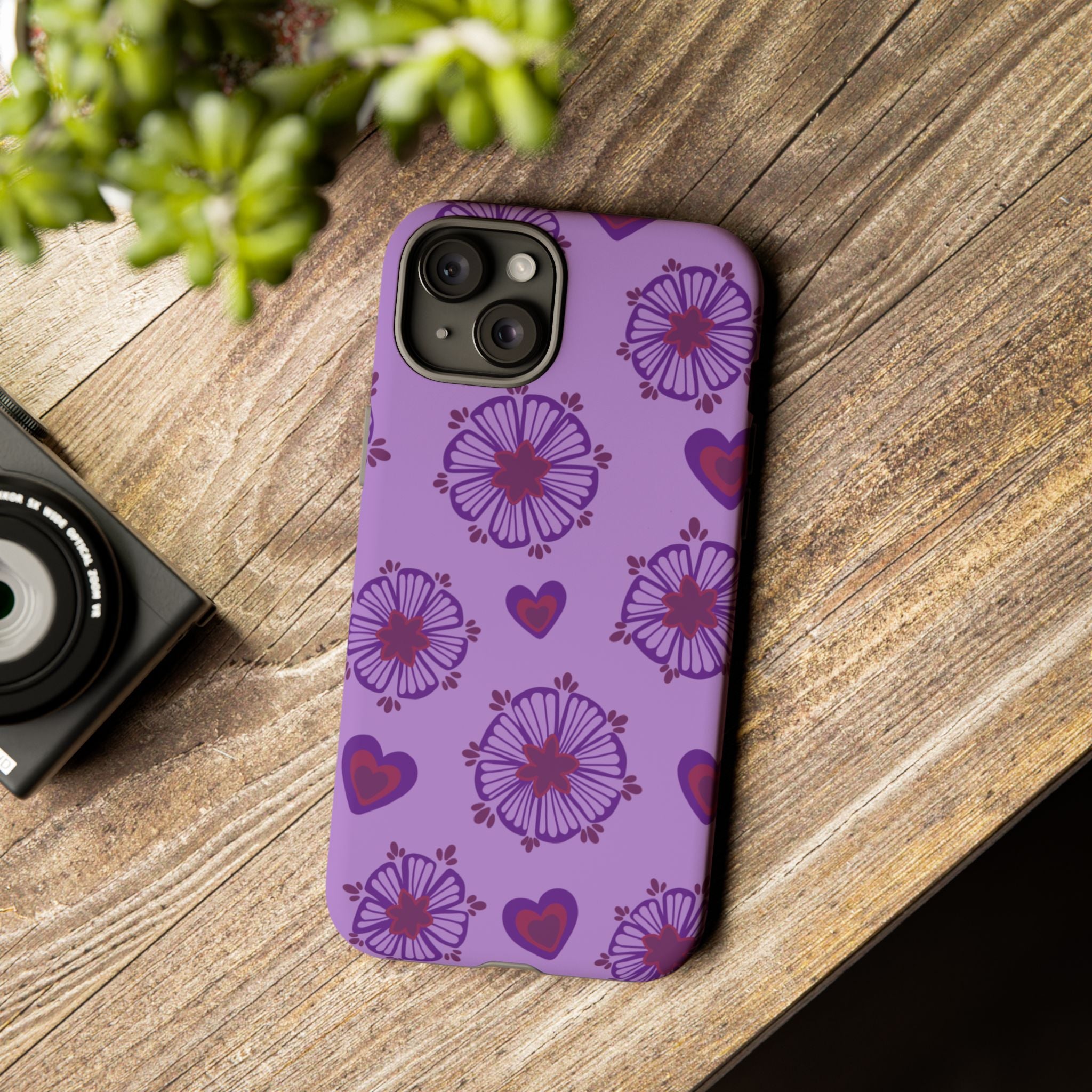 Phone Case - Purple Floral Hearts Protective Tough Case