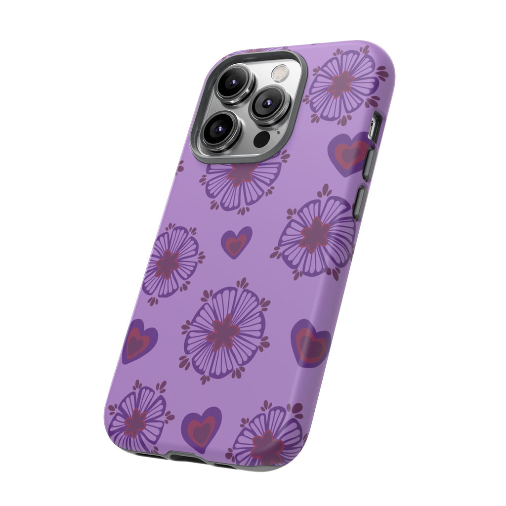 Phone Case - Purple Floral Hearts Protective Tough Case