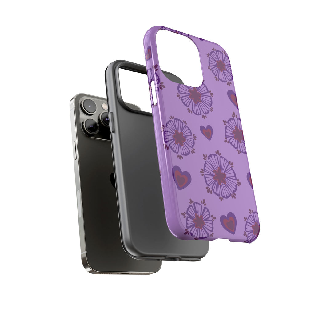 Phone Case - Purple Floral Hearts Protective Tough Case
