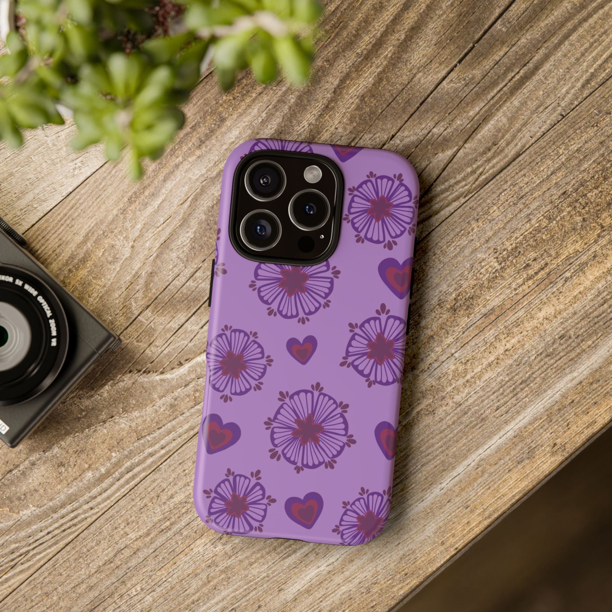 Phone Case - Purple Floral Hearts Protective Tough Case