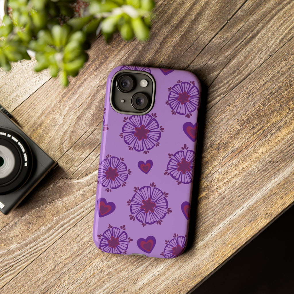 Phone Case - Purple Floral Hearts Protective Tough Case