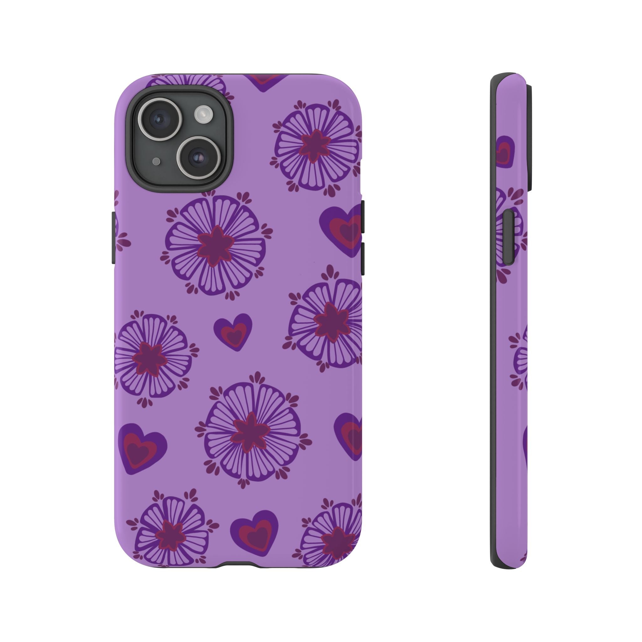 Phone Case - Purple Floral Hearts Protective Tough Case