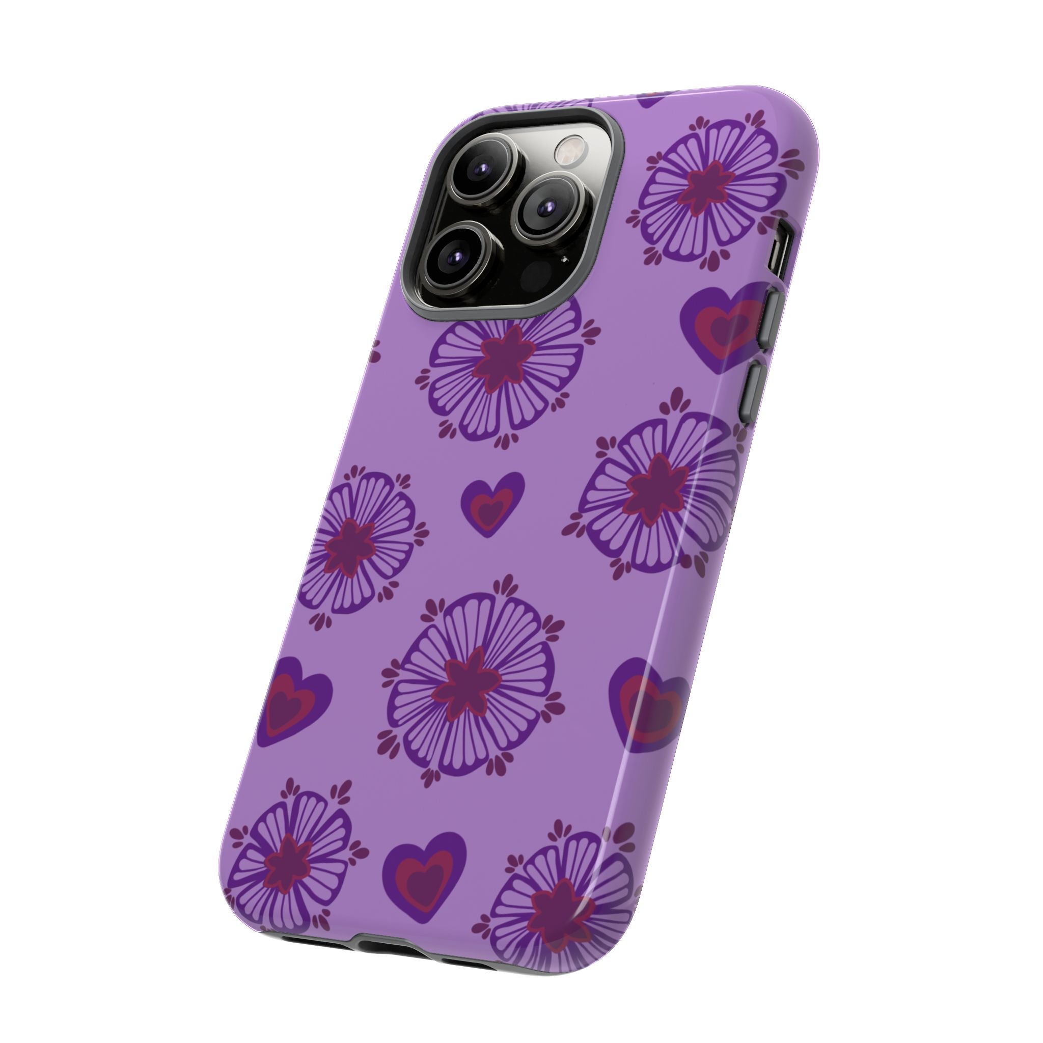 Phone Case - Purple Floral Hearts Protective Tough Case