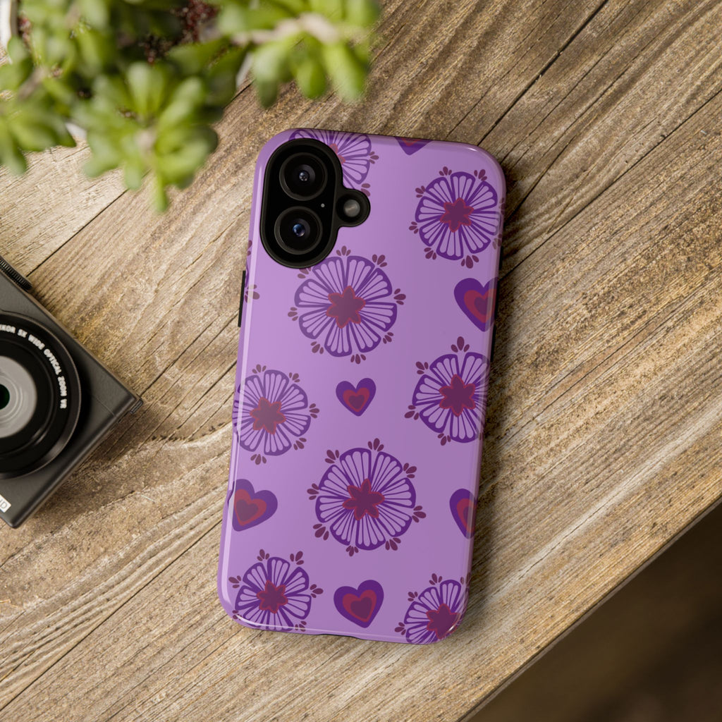 Phone Case - Purple Floral Hearts Protective Tough Case