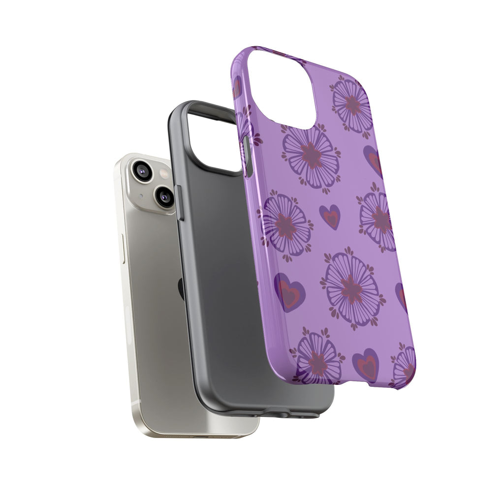 Phone Case - Purple Floral Hearts Protective Tough Case