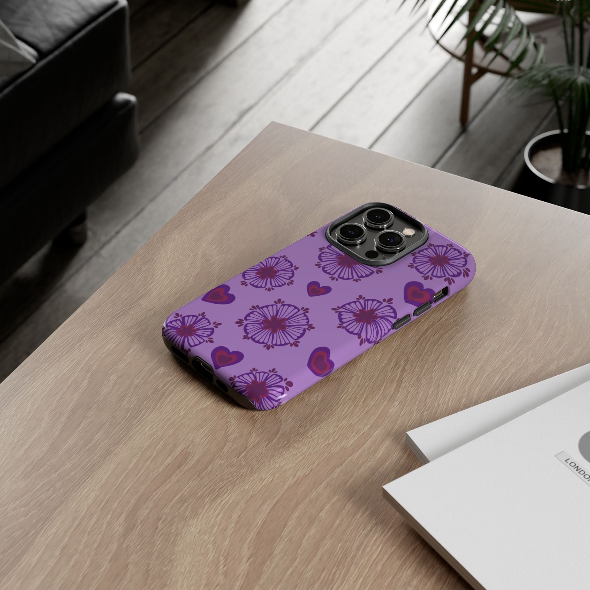 Phone Case - Purple Floral Hearts Protective Tough Case
