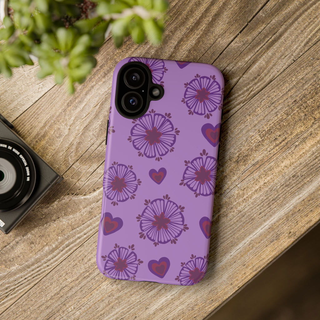 Phone Case - Purple Floral Hearts Protective Tough Case