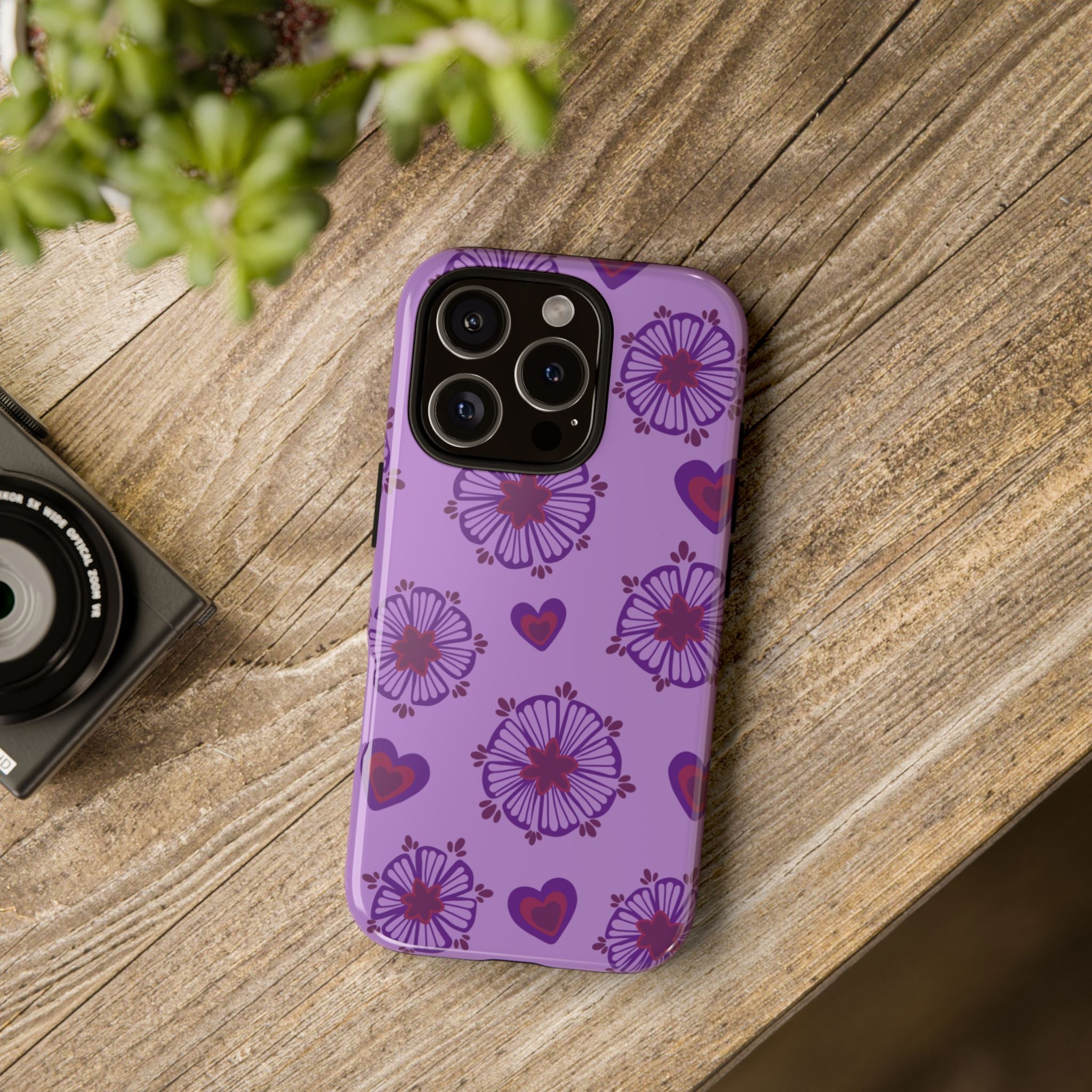 Phone Case - Purple Floral Hearts Protective Tough Case