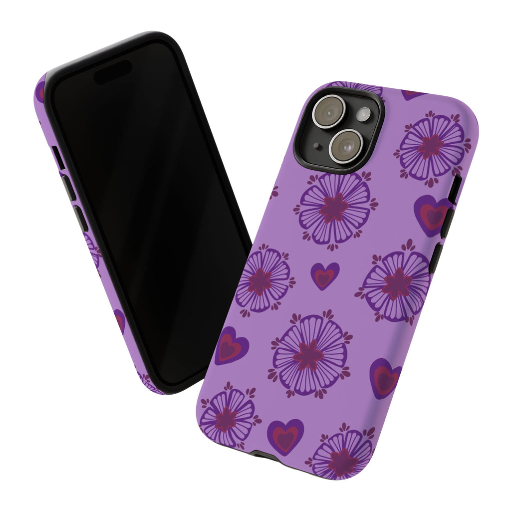 Phone Case - Purple Floral Hearts Protective Tough Case