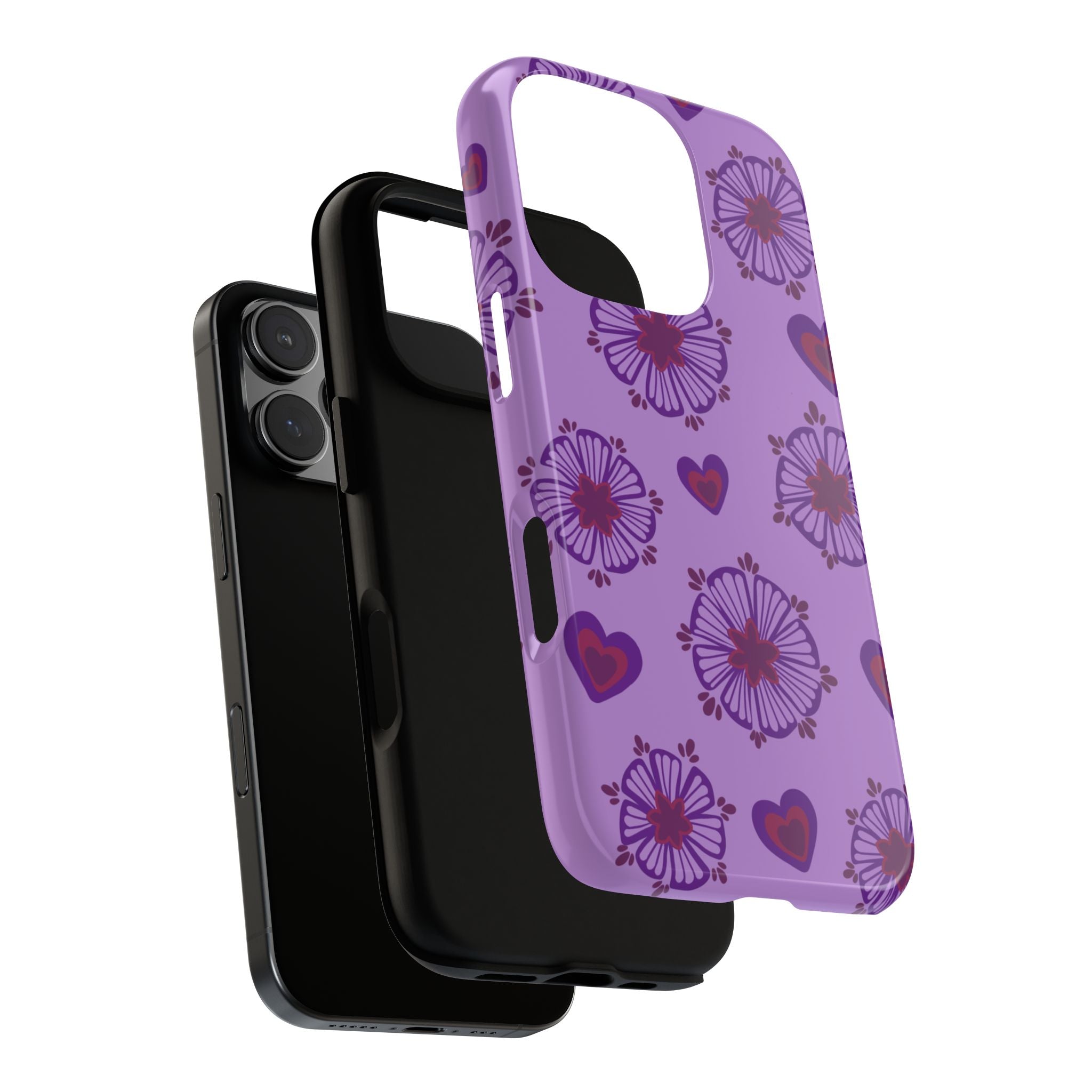 Phone Case - Purple Floral Hearts Protective Tough Case