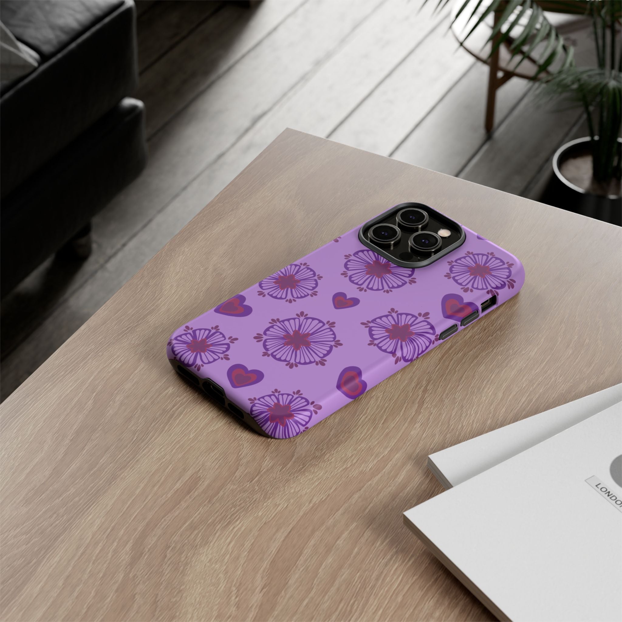 Phone Case - Purple Floral Hearts Protective Tough Case